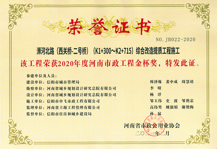 2020年度河南省浉河北路工程金杯獎